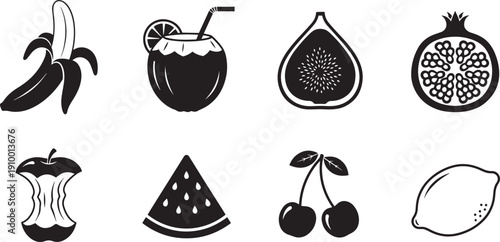 Set of vector silhouette design fruit icons bundle healthy food illustrations
