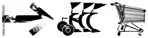 Farm plow with distressed texture, shopping cart, vector symbols, isolated graphics, retail and farming concepts.