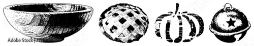 Hand drawn holiday symbols rustic wooden bowl, lattice topped pie, carved pumpkin, star adorned bell. Black and white halftone vector art for seasonal design, festive decor, or print.
