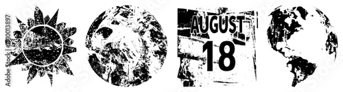 Distressed vector including sunburst, skull, August 18 date, and globe, rendered in gritty black and white with textured and bold.