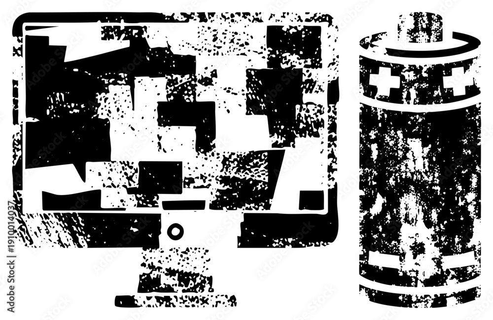 Fototapeta premium Distressed digital display and power cell, pixelated glitch art, tech symbols, vector, retro computer graphics, digital device.