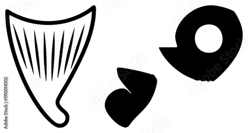 Vector art featuring bold black forms, including a harp like shape, curved organic blob, and circular void, minimalist design, isolated graphic elements.