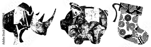 Abstract animal and holiday rendered in geometric fragments, halftone texture, vector art, graphic design elements, stylized shapes.