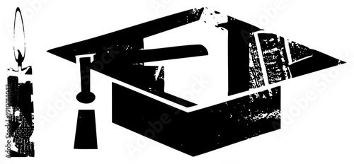 Academic mortarboard with tassel, graduation symbol, scholarly milestone, educational success, black and white graphic, student achievement.