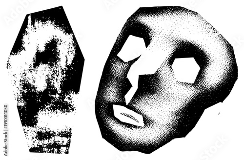 Vector halftone portraits with hexagonal eye holes, distressed texture, stylized facial forms, graphic art, design, isolated foreground elements.