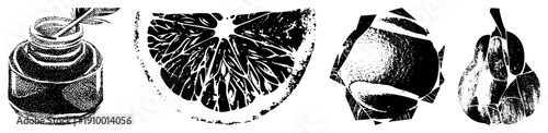 Stylized citrus slices and inkwell rendered in halftone dot, vector art,, graphic design elements, isolated foregrounds.