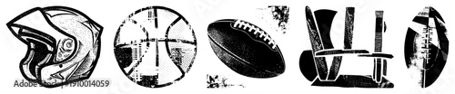 Classic sports equipment rendered in halftone style, including motorcycle helmet, basketball, football, director’s chair, and American football, all in vector design.