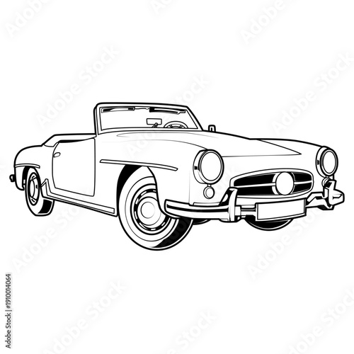 Vintage convertible sports car vector outline. Luxury roadster black and white illustration. Perfect for retro summer designs, wedding invitations, and coloring books