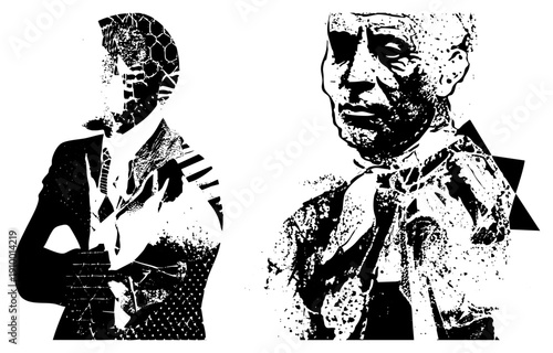 Abstract corporate figures with shattered textures, vector art, business attire, graphic design elements, modern corporate.