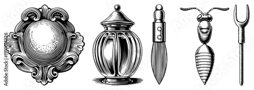 Antique frame, perfume bottle, quill pen, wasp illustration, ornamental fork. Classic engraving,, detailed.