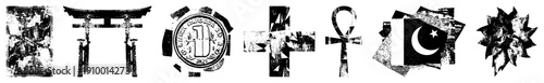 Distressed halftone global symbols Torii, coin,, ankh,, starburst gritty vector style.