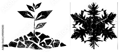 Graphic plant sprout with layered leaves and fragmented soil base, paired with symmetrical snowflake, both rendered in high contrast with distressed texture.