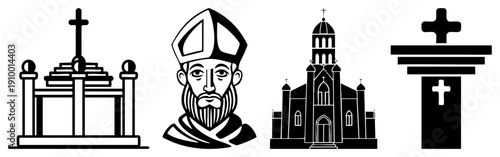 Set of sacred including bishop, church, tombstone, and, vector religious symbols, spiritual, faith based design elements.