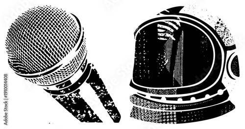 Vintage style microphone and space helmet rendered in halftone, graphic art, black and white, retro sci fi, equipment, astronaut gear, isolated vector.