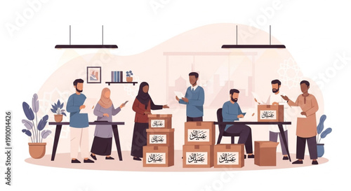 Corporate Zakat Contribution Concept with Diverse Muslim Team Collecting Charity Funds