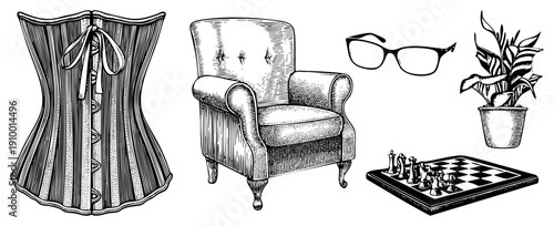 Elegant corset, vintage tufted armchair, reading glasses, chessboard, potted plant detailed black and white art with hatching and stippling.