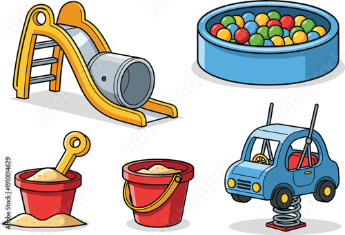 Vector set of colorful children's playground equipment featuring a slide with a tunnel, ball pit, and blue spring rider