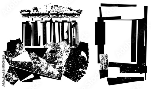 Stylized ruins with columns and fragmented shapes, halftone texture, graphic design, vector art, architectural abstraction, black and white composition.