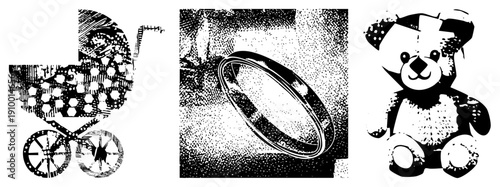 Black and white halftone vector baby stroller with canopy, wedding ring with reflective shine, plush teddy bear with textured fur. Retro graphic design elements.