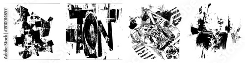 Bold fragmented typography, distressed letterforms, high contrast graphic design, stencil style composition, urban art aesthetic, visual noise.