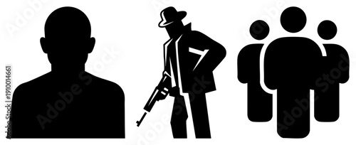 Abstract human figures in silhouette lone person, armed gangster, crowd group. Vector for user interface, web design, or security themes.