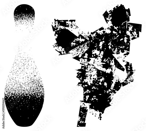 Bowling pin with halftone gradient texture, bowler in distressed silhouette, vector graphic, sport, isolated design, bowling game, stylized athlete.