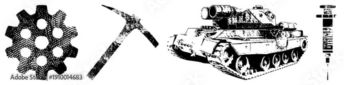 Mechanical gear, mining pickaxe, military tank, medical syringe vector set, industrial tools, combat equipment, medical devices, halftone style.