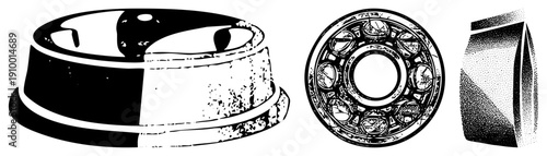 Stylized vector featuring a pet bowl, mechanical gear, and cylindrical form, rendered in halftone and flat design with high contrast and texture.