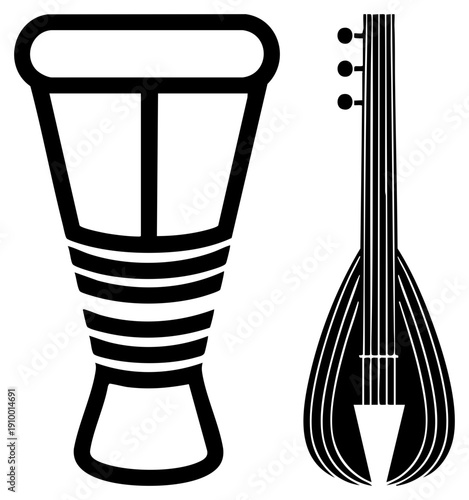 African djembe drum and lute stringed instrument, traditional music symbols, cultural percussion and plucked sound tools, black art, minimalist design.
