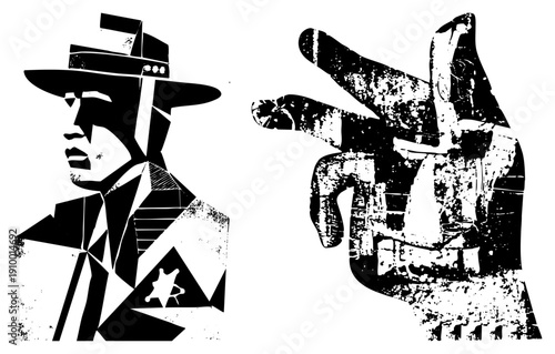 Stylized sheriff in geometric silhouette pointing finger, noir detective art, graphic design element, black and white vector, gritty texture, law enforcement, urban crime theme.