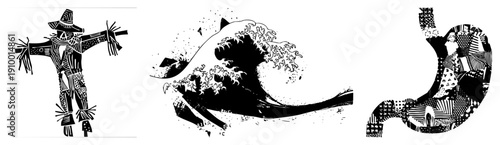 Black and white vector art featuring a, Great Wave, and Santa Claus, each composed of intricate geometric, isolated cutout designs, and bold.