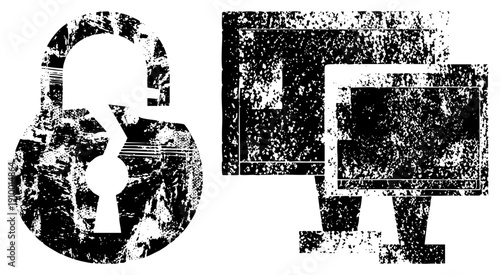 Digital lock cracked open, computer screen shattered, cybersecurity breach, data theft, network vulnerability, tech protection failure, isolated vector graphic.