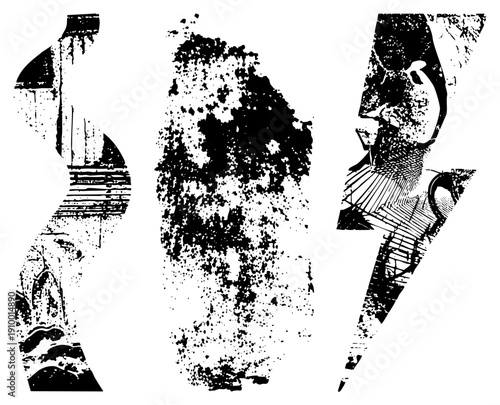 Stylized symbols featuring distressed halftone textures, fragmented shapes, and gritty artistic effects, ideal for modern design or use.