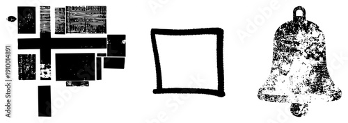 Stylized black shapes with halftone textures, abstract composition, graphic design elements, vector art, modern minimalism, isolated forms.