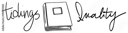 Elegant script typography flanking a stylized book, minimalist logo design, branding, message of premium content, literary theme, clean art.