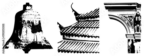Antique bell with engraved, traditional East Asian tiled roof, Gothic style architectural corner, black and white vector art, historical motifs, cultural symbols.