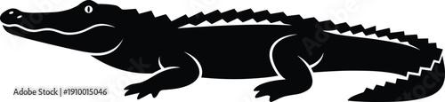 Black crocodile silhouette vector illustration showing reptile profile with tail and scales, wild predator animal icon isolated on white background design graphic element