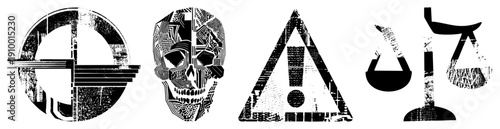 Distressed black and white vector symbols including, skull, exclamation triangle, and justice scales, ideal for graphic design or UI elements.