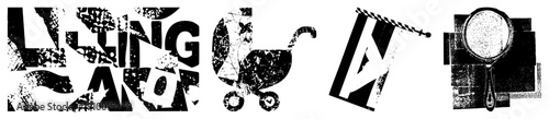 Grunge style graphic fragmented text, baby carriage, tilted flag, magnifying glass, all in high contrast black and white with textured noise.