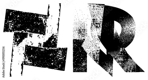 Graphic typography featuring letters T and R with gritty halftone, distressed edges, design, bold stencil style, vector cutout letters.