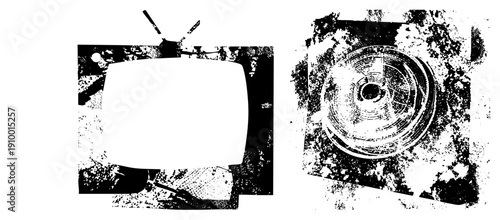Retro TV with antenna and record player turntable, distressed halftone print, analog, vintage electronics, graphic, nostalgic design, vector illustration.