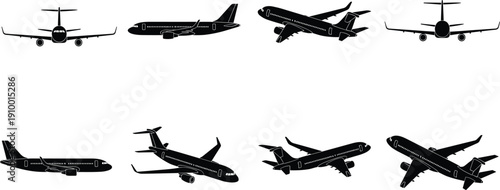 Airplane silhouette vector set showing passenger jet aircraft from multiple angles including front side top and flying views, aviation transportation icons isolated on white background