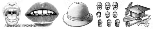 Classic halftone engraved mouth illustrations, bowler hat, expressive male faces, graduation cap with diploma and quill, academic, vintage engraving style.