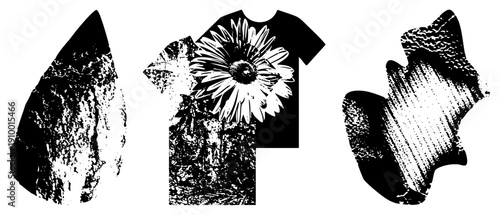 Graphic tee with sunflower print, distressed texture, black and white halftone, fashion apparel, streetwear style, vintage aesthetic.