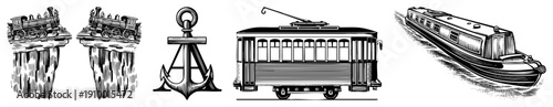 Classic transport symbols including locomotive, nautical anchor, streetcar, and canal barge, rendered in vector style for design use.