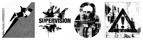 Graphic design featuring "SUPERVISION" text with fragmented geometric forms, halftone texture, bold sans serif font, abstract corporate branding, modern minimalism.