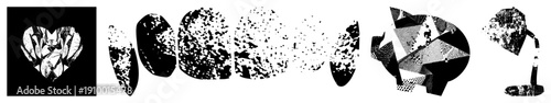 Black and white vector art featuring fragmented geometric shapes, halftone, and abstract compositions, ideal for graphic design or digital art projects.