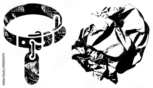 Black and white halftone dog collar with chain tag beside crumpled paper ball, vector graphic, isolated elements, textured style, pet accessory, office waste.