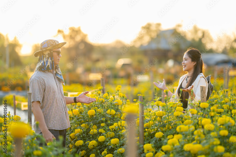 Fototapeta premium Asian couple discussing in marigold field at sunset