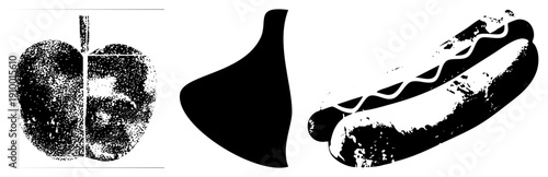 Stylized halftone with grain texture, minimalist abstract form, hot dog with wavy mustard, vector, graphic design elements.